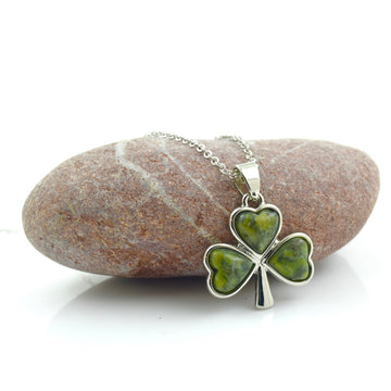 Rhodium Plated Connemara Marble Shamrock Pendant