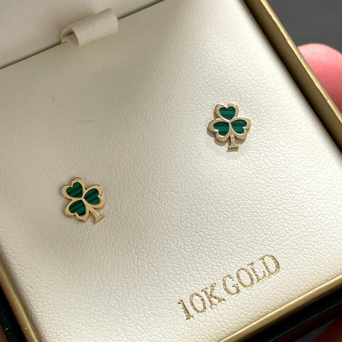 10K Gold Malachite Shamrock Stud Earrings in a jewelry box
