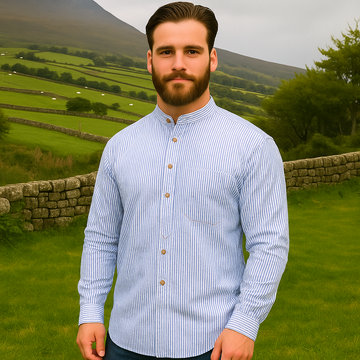 White and Blue striped Irish Grandfather Shirt - Navy
