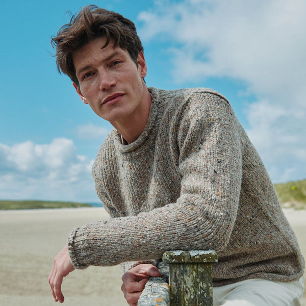 Raheen Tweed Oat Roll Neck Mens Sweater