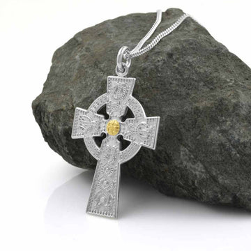 Medium Silver Cross Necklace with Gold Bead