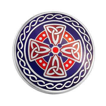 Rhodium Blue/Red Enamel Trinity knot Cross Brooch