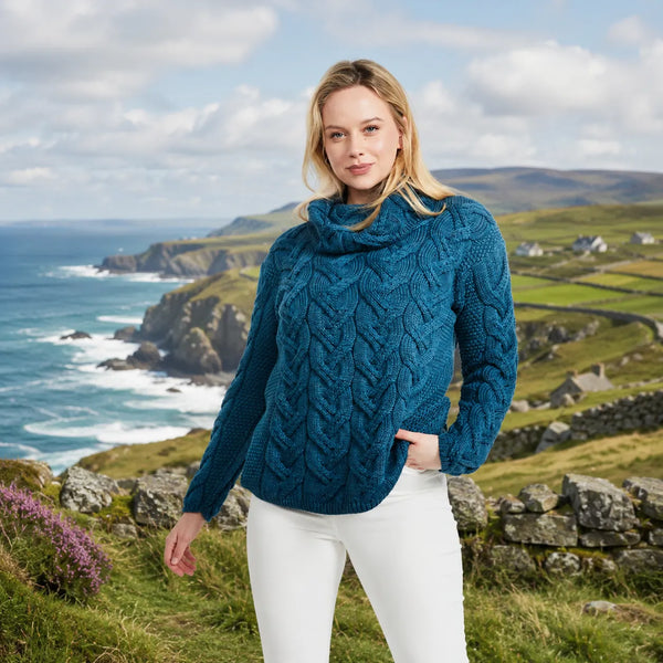 Kinsale Ladies Cable Turquoise Aran Sweater
