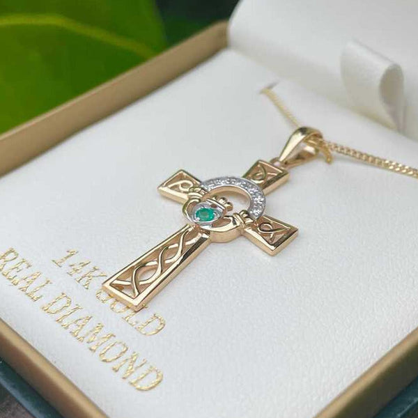 14k Gold Diamond and Emerald Claddagh Cross