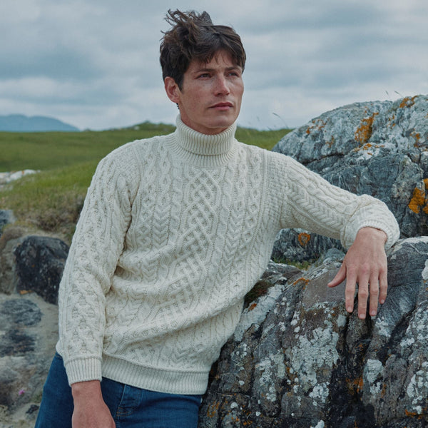 Kylemore Mens Aran Natural Polo Neck Sweater