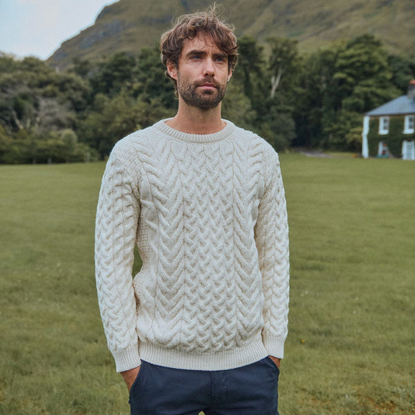 Omey Mens Aran Crew Neck Natural Sweater
