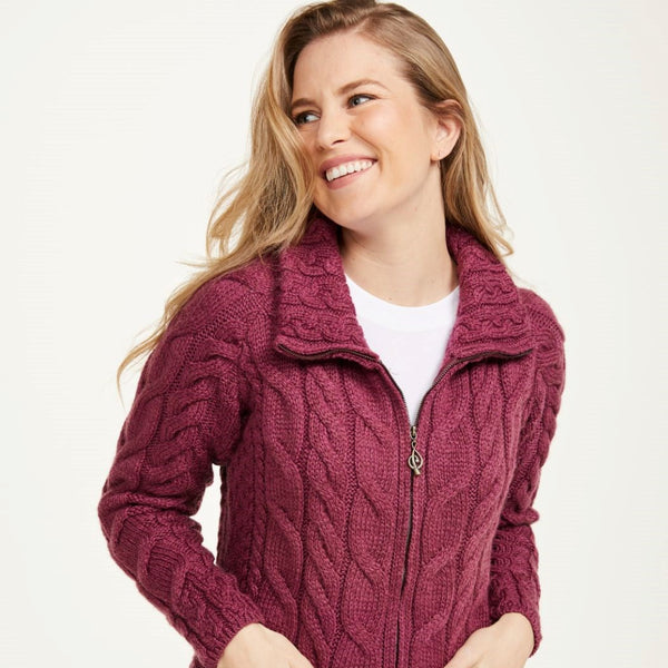 Ladies Raspberry Aran Cardigan with Full Zip