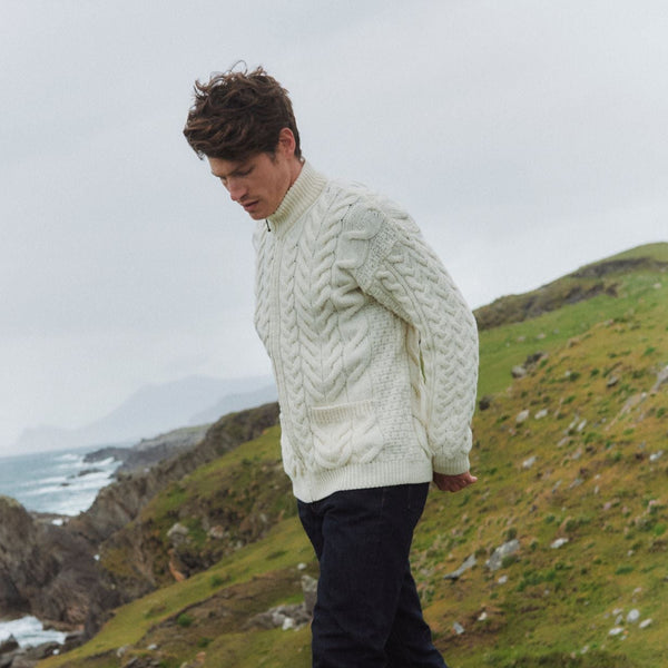 Corraun Mens Aran Zipper Merino Cream Cardigan