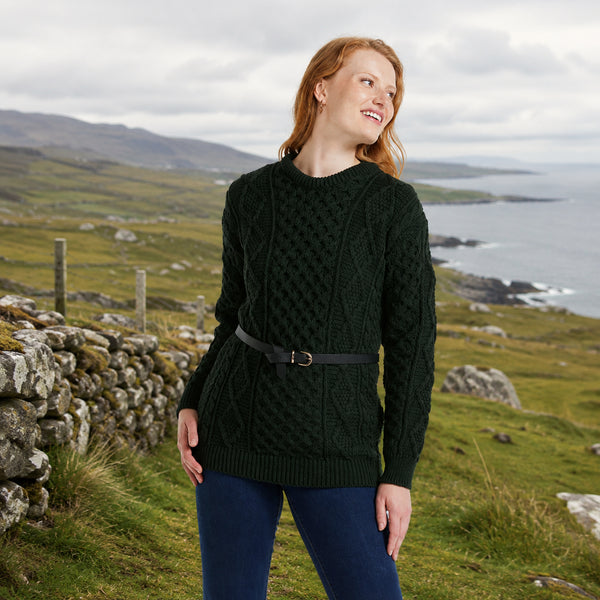 Éireann Ladies Traditional Aran Supersoft Forest Green Sweater