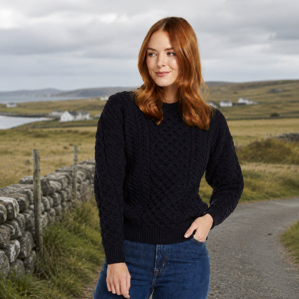 Inisheer Traditional Ladies Aran Navy Sweater