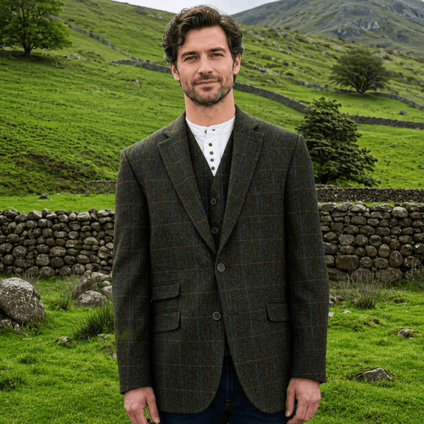 Irish Tweed Sport Jacket - Dark Olive Brown Overcheck