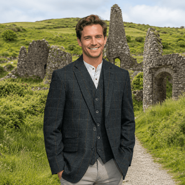 Irish Tweed Sport Jacket - Dark Blue Overcheck