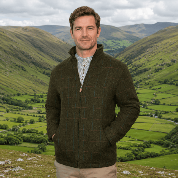 Donegal Herringbone Walking Jacket - Olive Brown Tones Overcheck