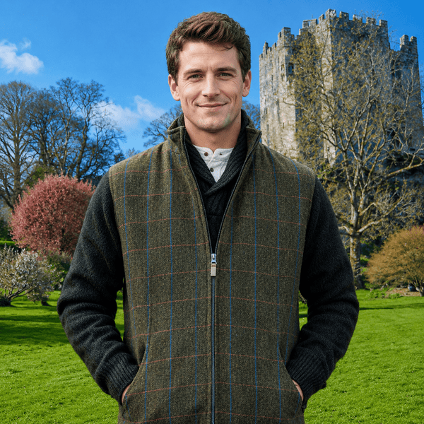 James Herringbone Sleeveless Bodywarmer - Olive Brown Tones Overcheck
