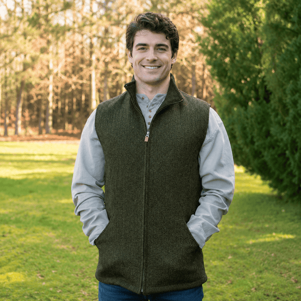 James Herringbone Sleeveless Bodywarmer - Olive Herringbone