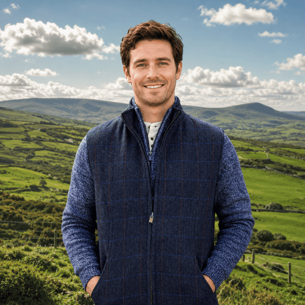 James Herringbone Sleeveless Bodywarmer - Blue Overcheck