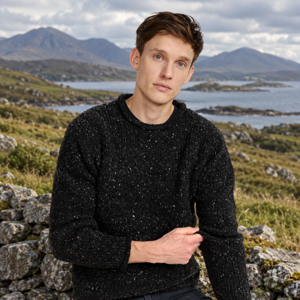 Raheen Tweed Black Roll Neck Mens Sweater