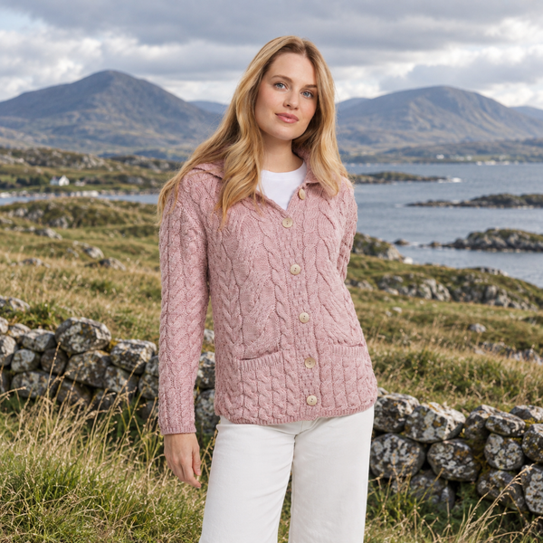 Belcarra Ladies Pink Aran Cardigan