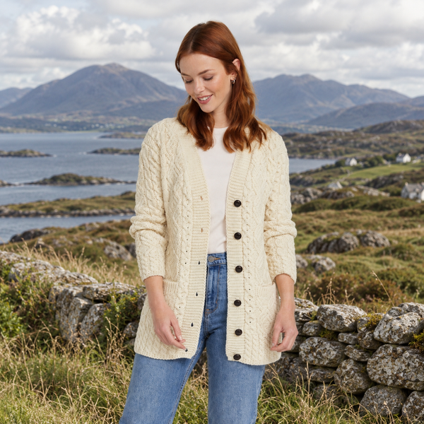 Glebe Natural Aran Long Line Cardigan
