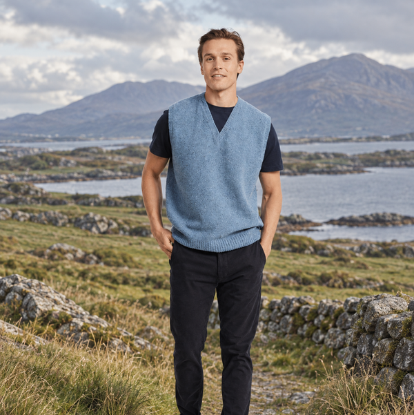Roonagh Men's Aran Nepped Blue V-Neck Vest