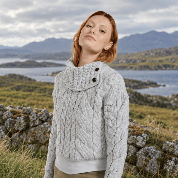 Maeve Aran Supersoft Light Grey Sweater with Button Collar,