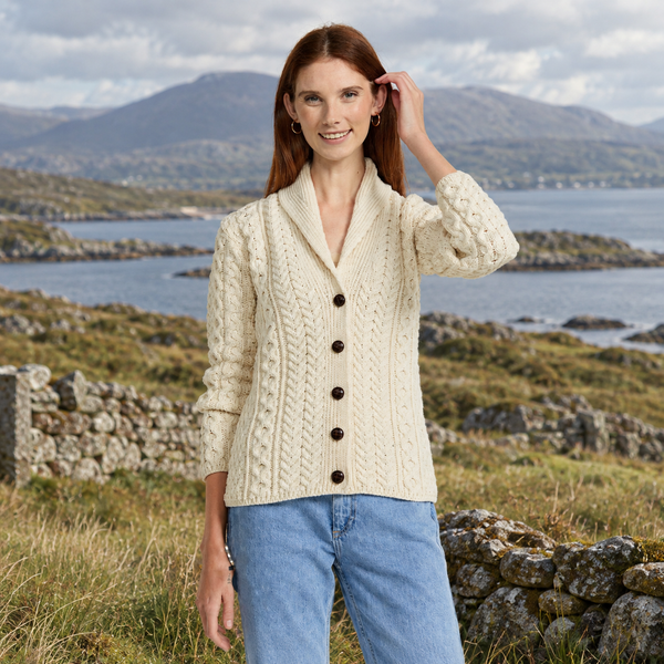 Tourmakeady Shawl Collar Aran Natural Cardigan