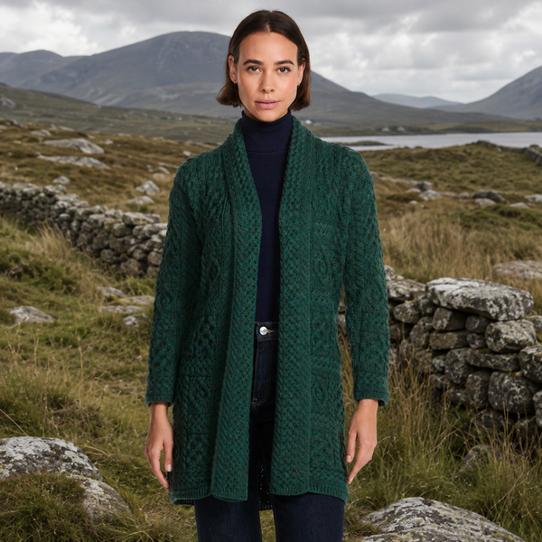 Tara Ladies Merino Green Aran Long Shawl Cardigan