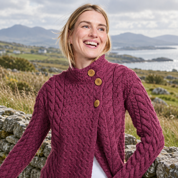 Louisburgh Ladies Cable Aran Raspberry Cardigan