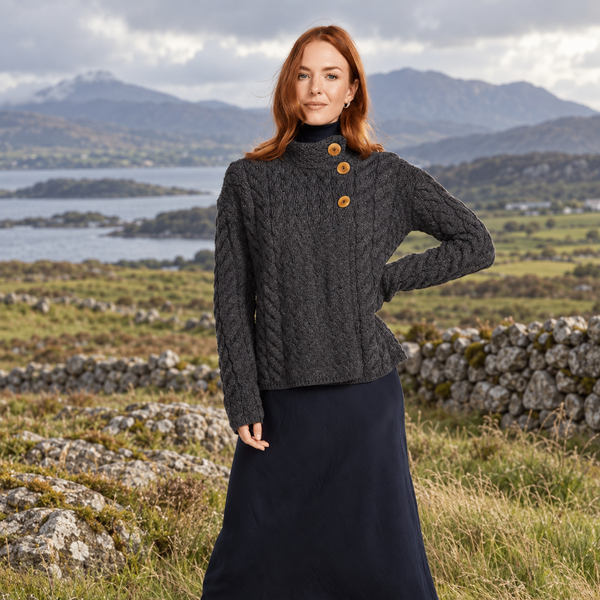 Louisburgh Ladies Cable Aran Charcoal Cardigan