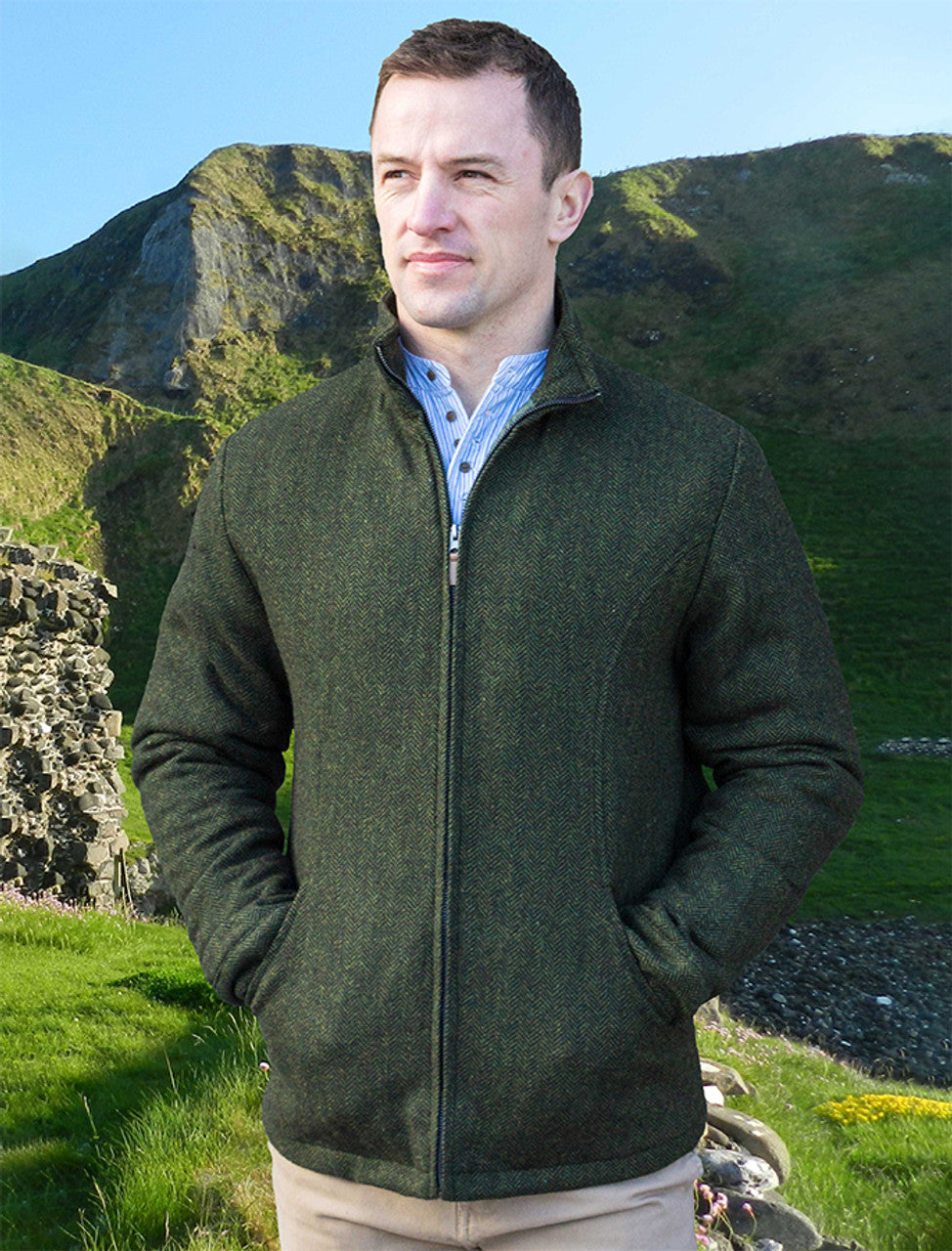 Donegal Wool Tweed Walking Jacket - Olive