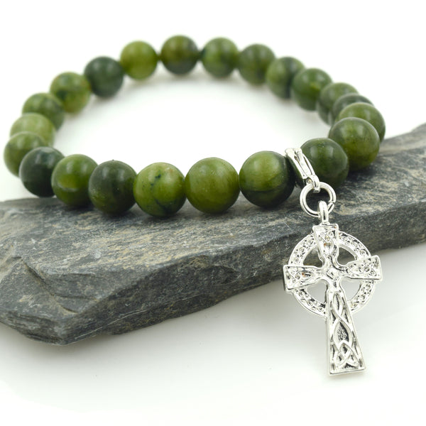 Cross Connemara Marble Stretch Bracelet - Celtic Cross Charm