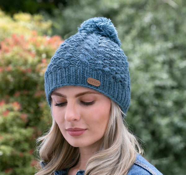 Aran Cable Blackberry Bobble Hat Denim Blue