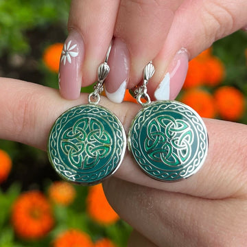 Rhodium Green Enamel Four Trinity Knots Earrings