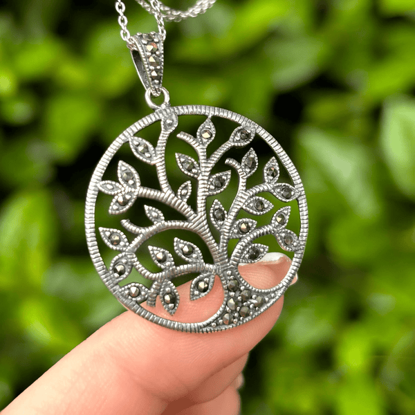Sterling Silver Marcasite Tree of Life Necklace with Chain,18 inch,Pendant