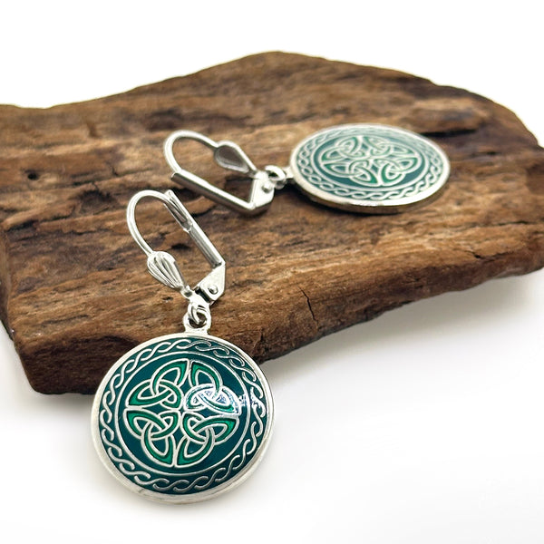 Green Enamel Four Trinity Knots Earrings