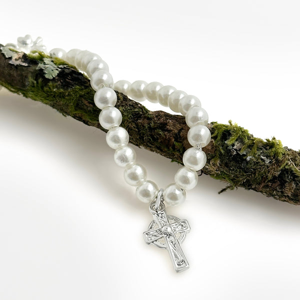 Rhodium Plated Pearl and Cross Bracelet