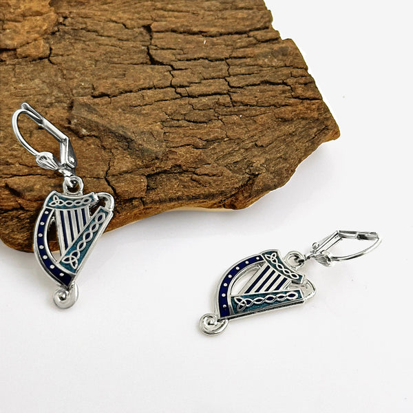 Blue Enamel Harp Earrings