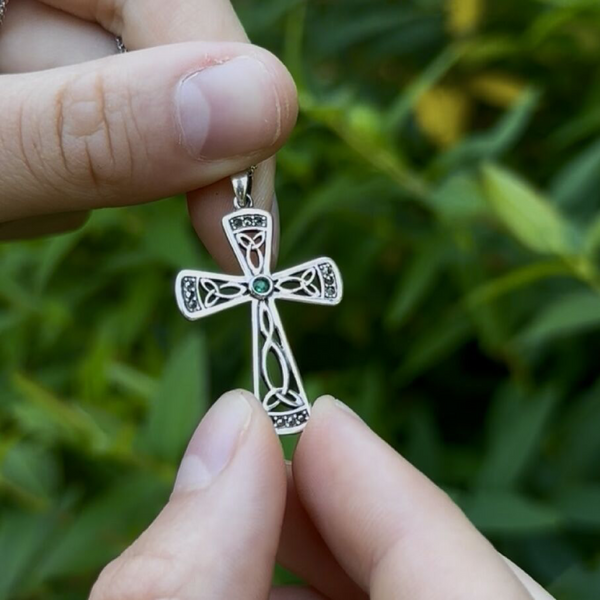 Silver Cross Necklace with Marcasite and Emerald