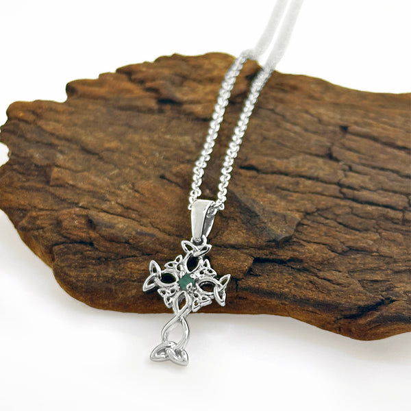 Emerald Centre Silver Celtic Cross