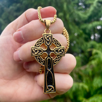 18k Gold Coated Heavy Celtic Cross Necklace Black Grooving