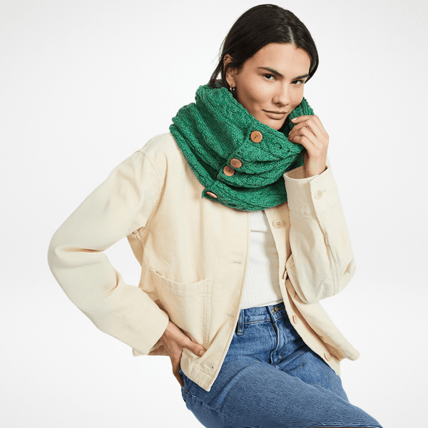 Kilmaine Aran Green Snood Scarf with Buttons