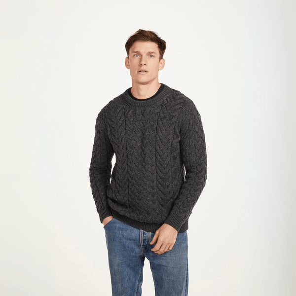 Omey Mens Aran Crew Neck Charcoal Sweater