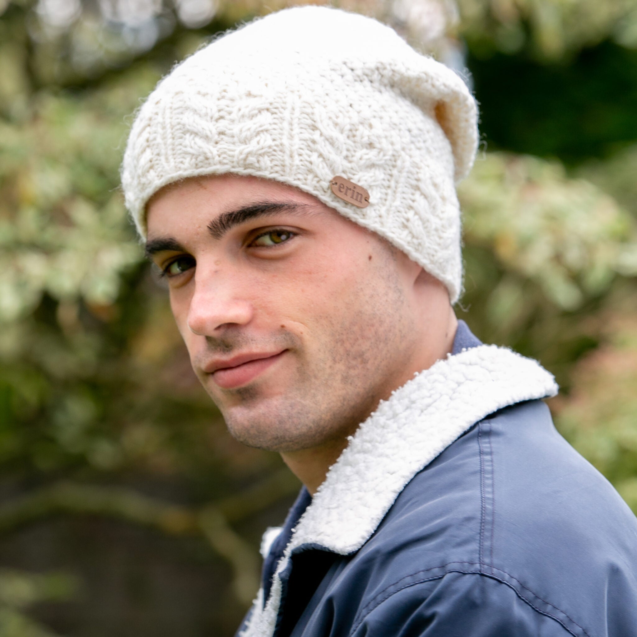Floppy Button Down Hat with an Aran Cable Band White