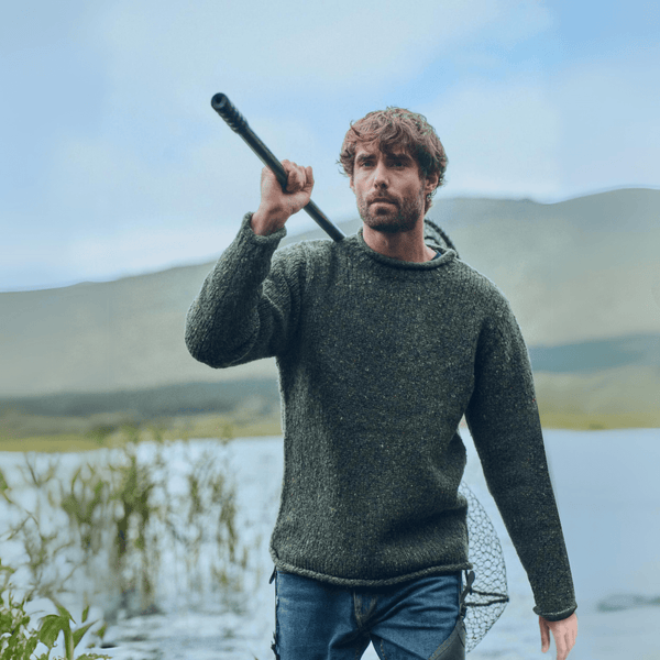 Raheen Tweed Forest Green Roll Neck Mens Sweater