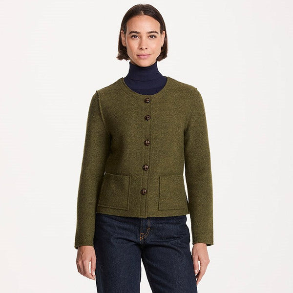Green Boiled Wool Collarless Jacket
