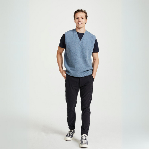 Roonagh Men's Aran Nepped Blue V-Neck Vest
