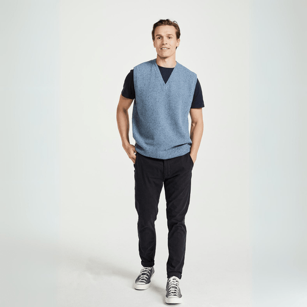 Roonagh Men's Aran Nepped Blue V-Neck Vest
