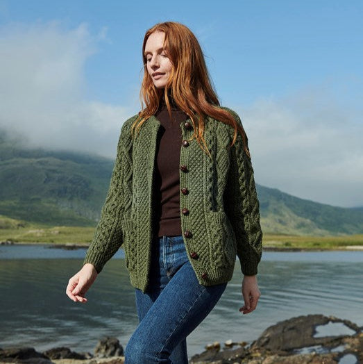 Breaffy Ladies Aran Green Cardigan