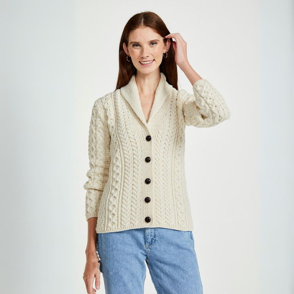 Tourmakeady Shawl Collar Aran Natural Cardigan