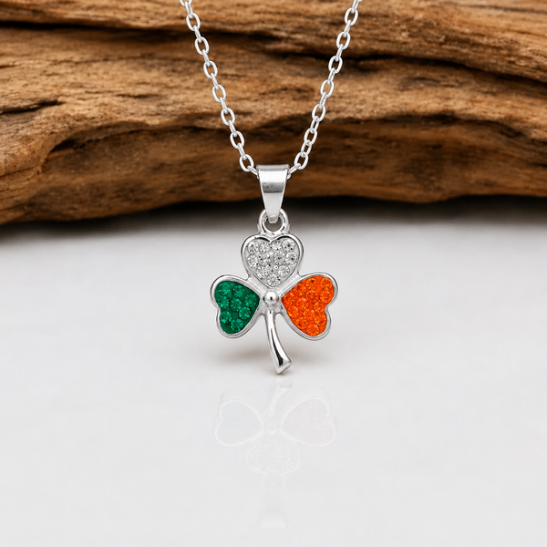 Sterling Silver Shamrock Necklace with Irish Tricolour Stones
